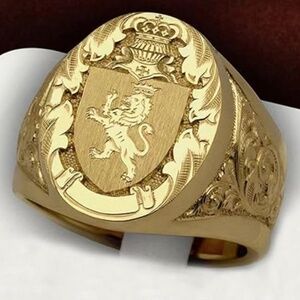 Sterling Silver Plated 18K Yellow Gold Men's Crown Lion Shield Badge Royal Seal